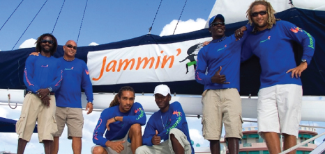 Crew Members Get Together for a Photo on Board Jammin' Catamaran Cruises, Barbados Pocket Guide