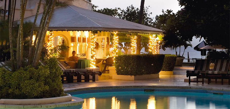 Lit Torches in a Small Pond Illuminate the Entrance to Mango Bay Hotel at Dusk Time, 2nd Street, Holetown, St. James