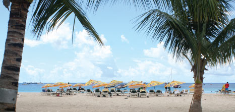 Beach Umbrellas and Chairs on the Beach at Copacabana Beach Bar & Grill, Bay Street, St. Michael, Barbados Pocket Guide