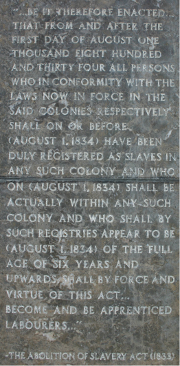 Inscription on the Statue of Bussa, St. Barnabas Roundabout, St. Michael, Barbados Pocket Guide