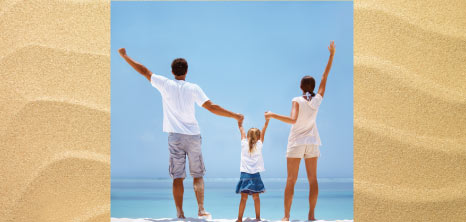 Family of Three at the Beach with Hands in the Air, Barbados Pocket Guide