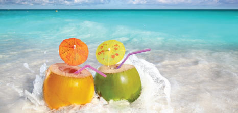 Two Coconut Cocktails Decorated with Straws & Umbrellas on the Seashore, Barbados Pocket Guide